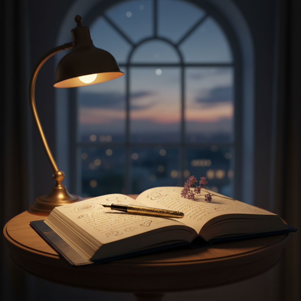 A weathered, deep-blue leather journal lies open on a small antique wooden table, its cream pages filled with delicate, looping handwriting and tiny ink sketches of constellations and hearts. A slim gold fountain pen rests across the spine, and a pressed wildflower peeks from between the pages. In the background, a tall window reveals a night sky just after sunset, with the first stars appearing above a quiet city skyline. Soft, warm lamplight from a brass desk lamp pools over the journal, creating gentle shadows and subtle highlights on the textured leather. Photographic realism, shot at a slightly elevated angle with shallow depth of field, creating a sophisticated, intimate atmosphere of secret thoughts and cosmic possibility.